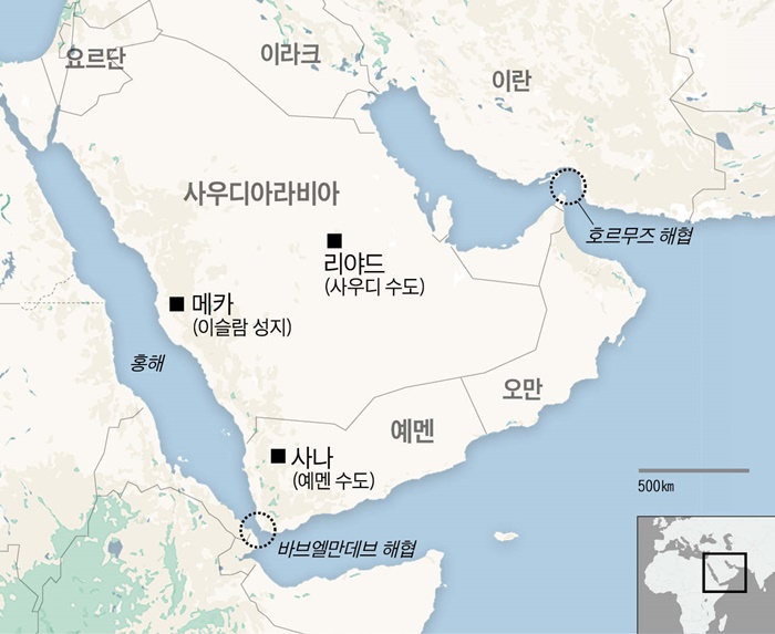 사우디아라비아와 예멘이 위치한 아라비아반도 지도입니다.